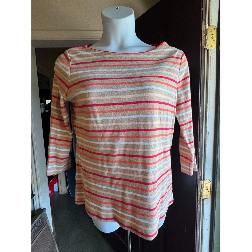 Lands’ End Women’s 14-16 Striped Boat Neck 3/4 Sleeve Cotton Top Pink Tan